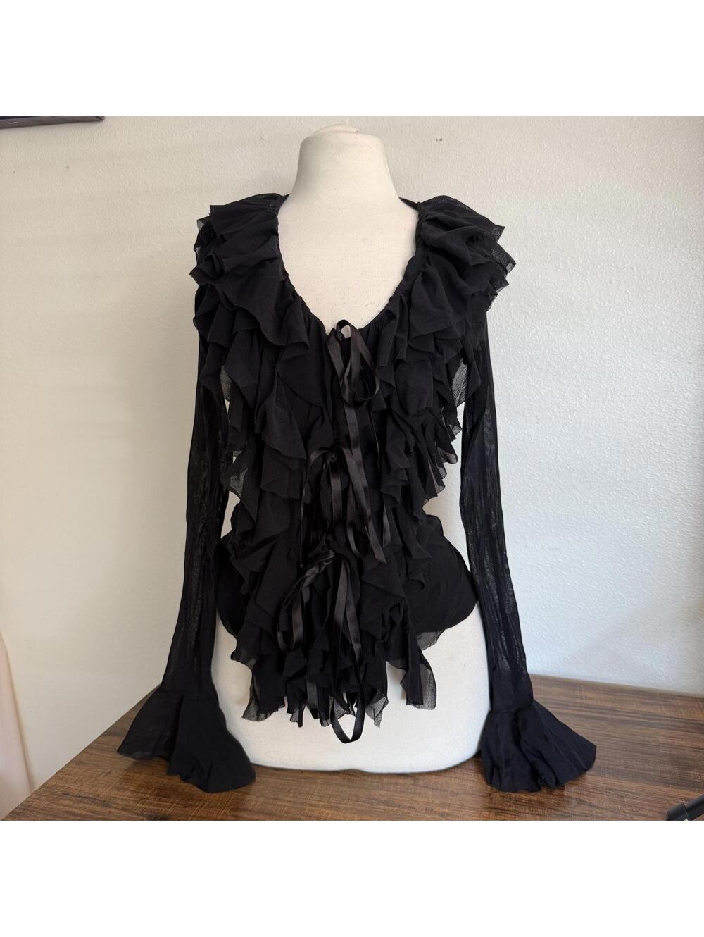 Kay Celine Black Ruffled Sheer Long Sleeve Blouse